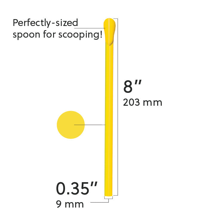 Yellow unwrapped classic spoon straw 8 inch long with 0.35 inch width for scooping thick beverages