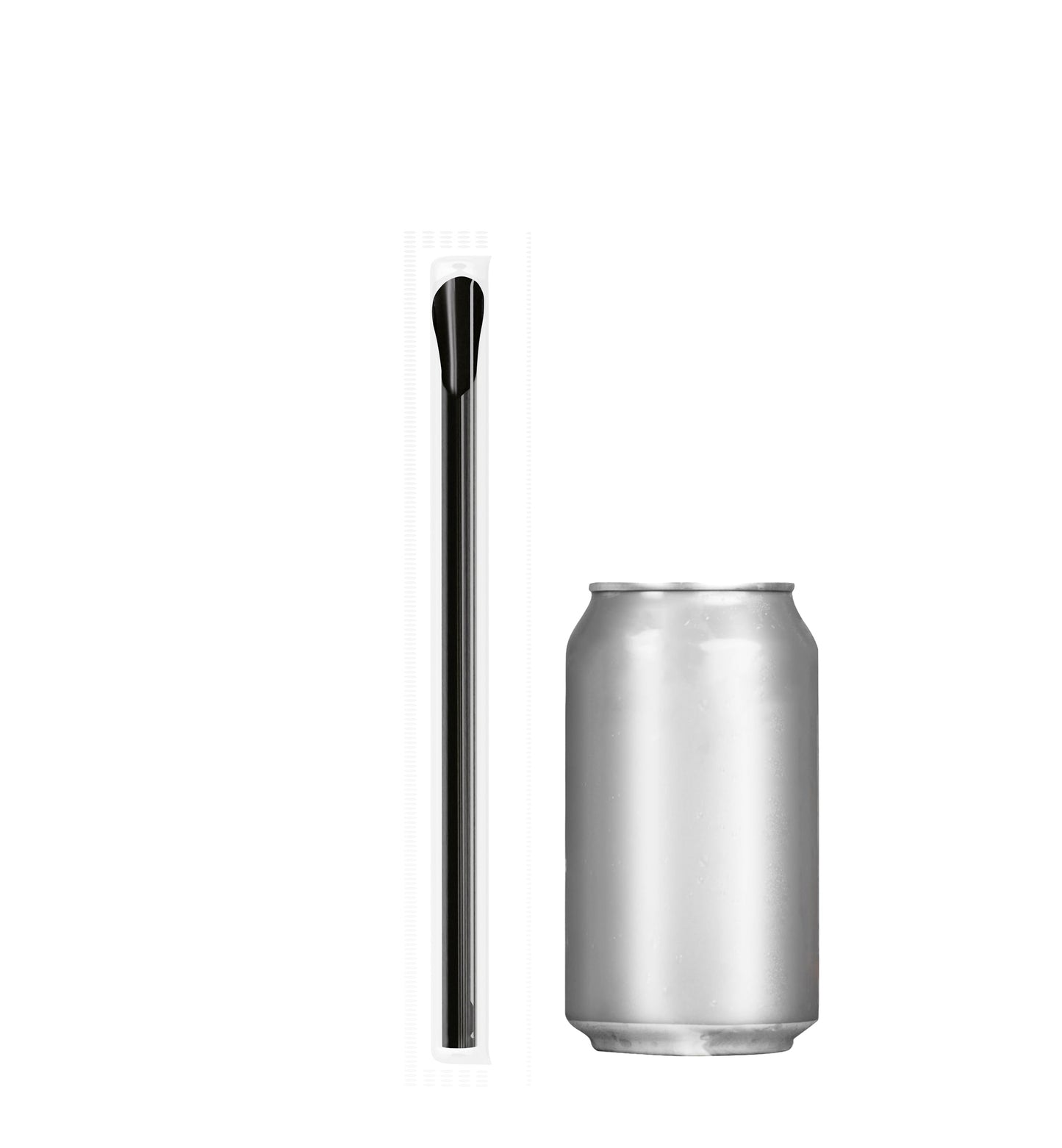 Film wrapped wide diameter spoon straw next to a silver soda can for size comparison