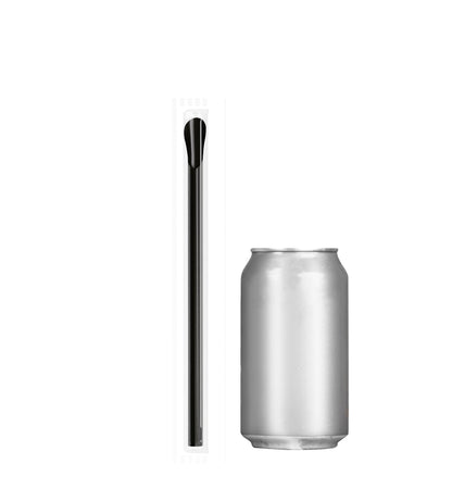 Film wrapped wide diameter spoon straw next to a silver soda can for size comparison