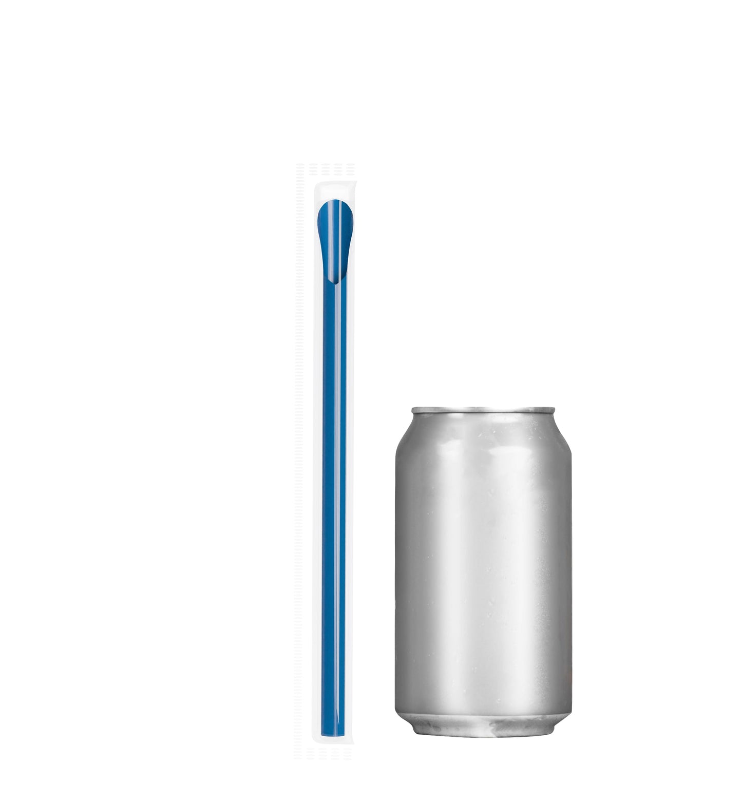 Film wrapped wide diameter spoon straw next to a silver soda can for size comparison