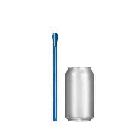 Film wrapped wide diameter spoon straw next to a silver soda can for size comparison