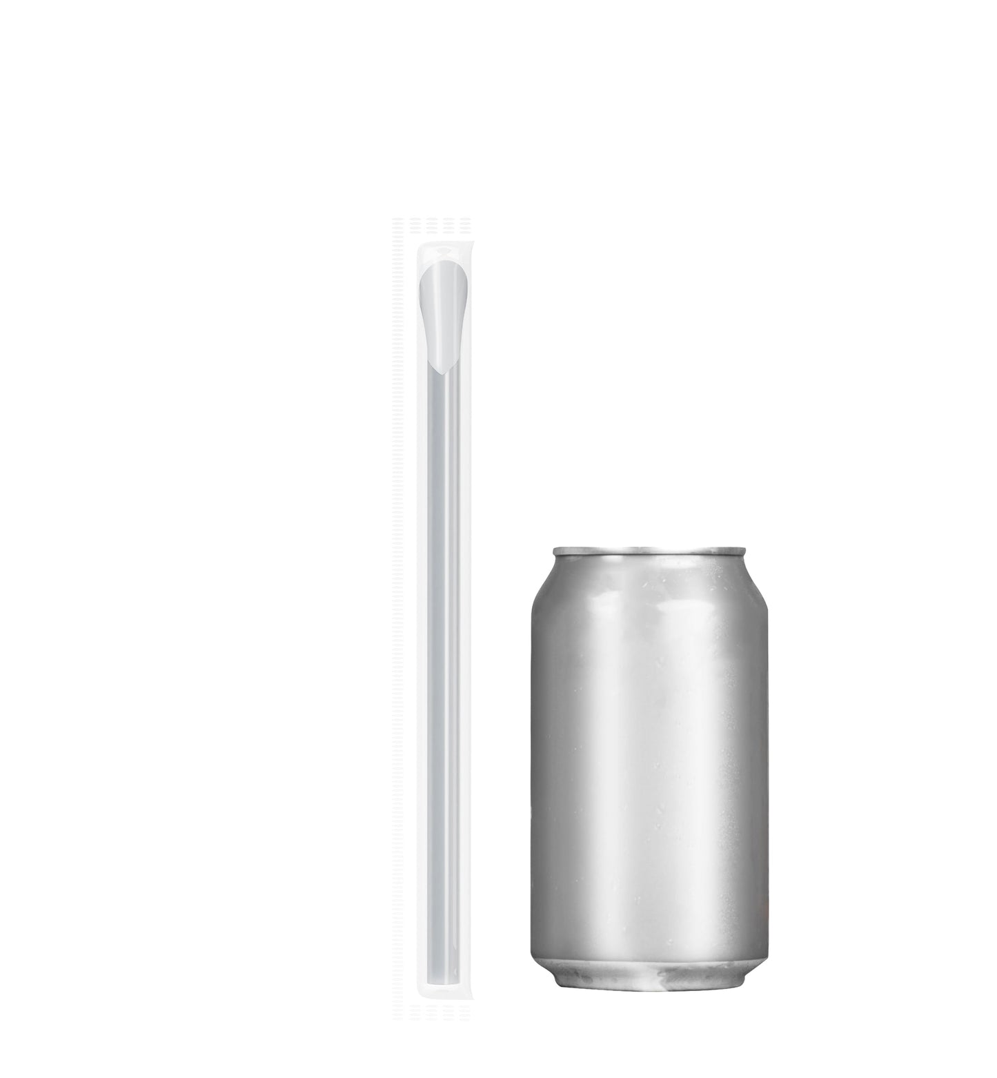Film wrapped wide diameter spoon straw next to a silver soda can for size comparison