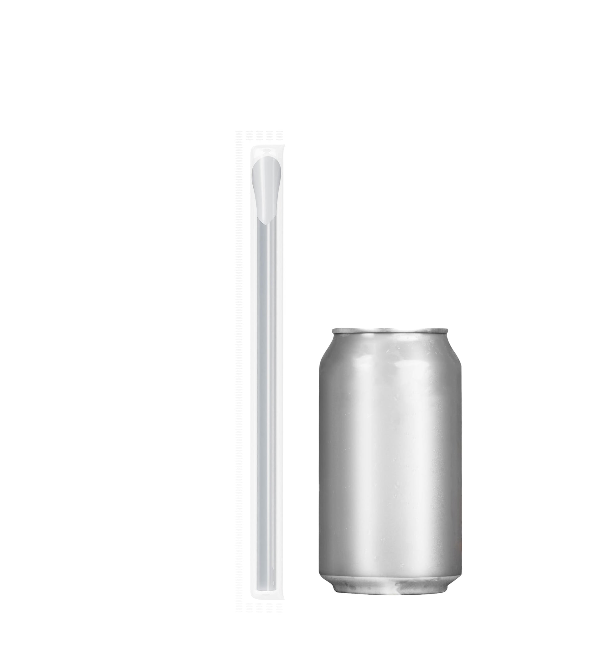 Film wrapped wide diameter spoon straw next to a silver soda can for size comparison