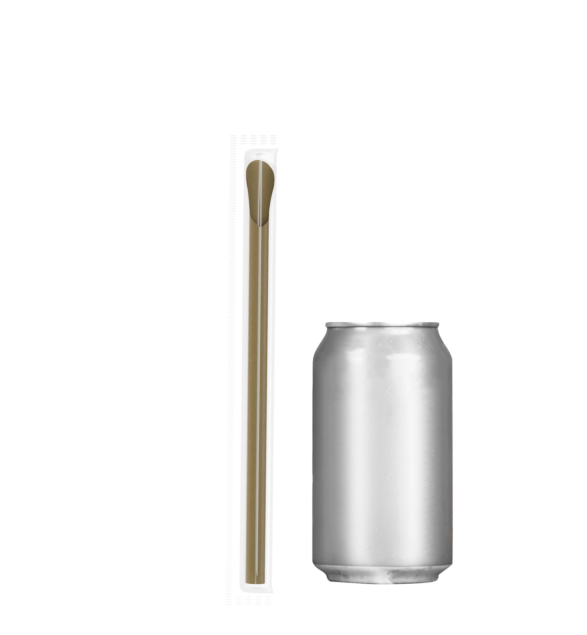 Film Wrapped Wide Diameter Spoon Straw beside silver soda can, individually wrapped for hygiene, wide tip for thick drinks and toppings.