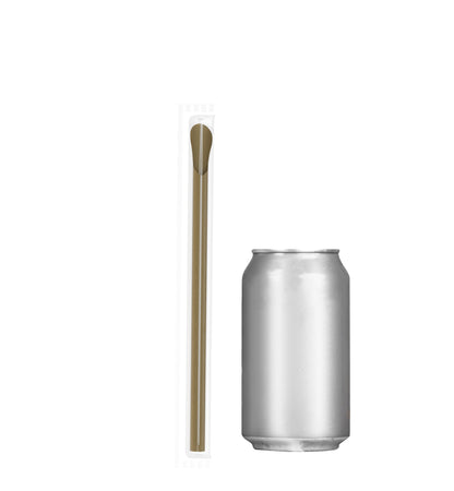 Film Wrapped Wide Diameter Spoon Straw beside silver soda can, individually wrapped for hygiene, wide tip for thick drinks and toppings.