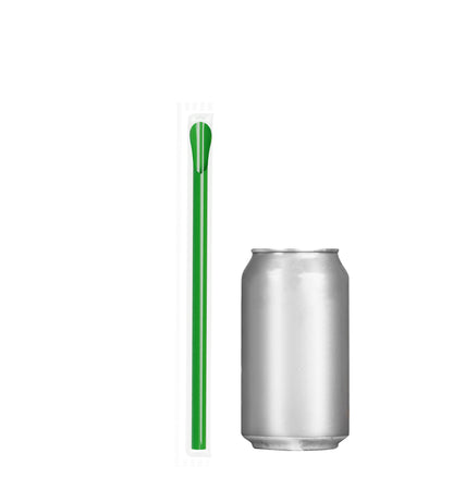 Film Wrapped Wide Diameter Spoon Straw in green next to a silver soda can for size comparison