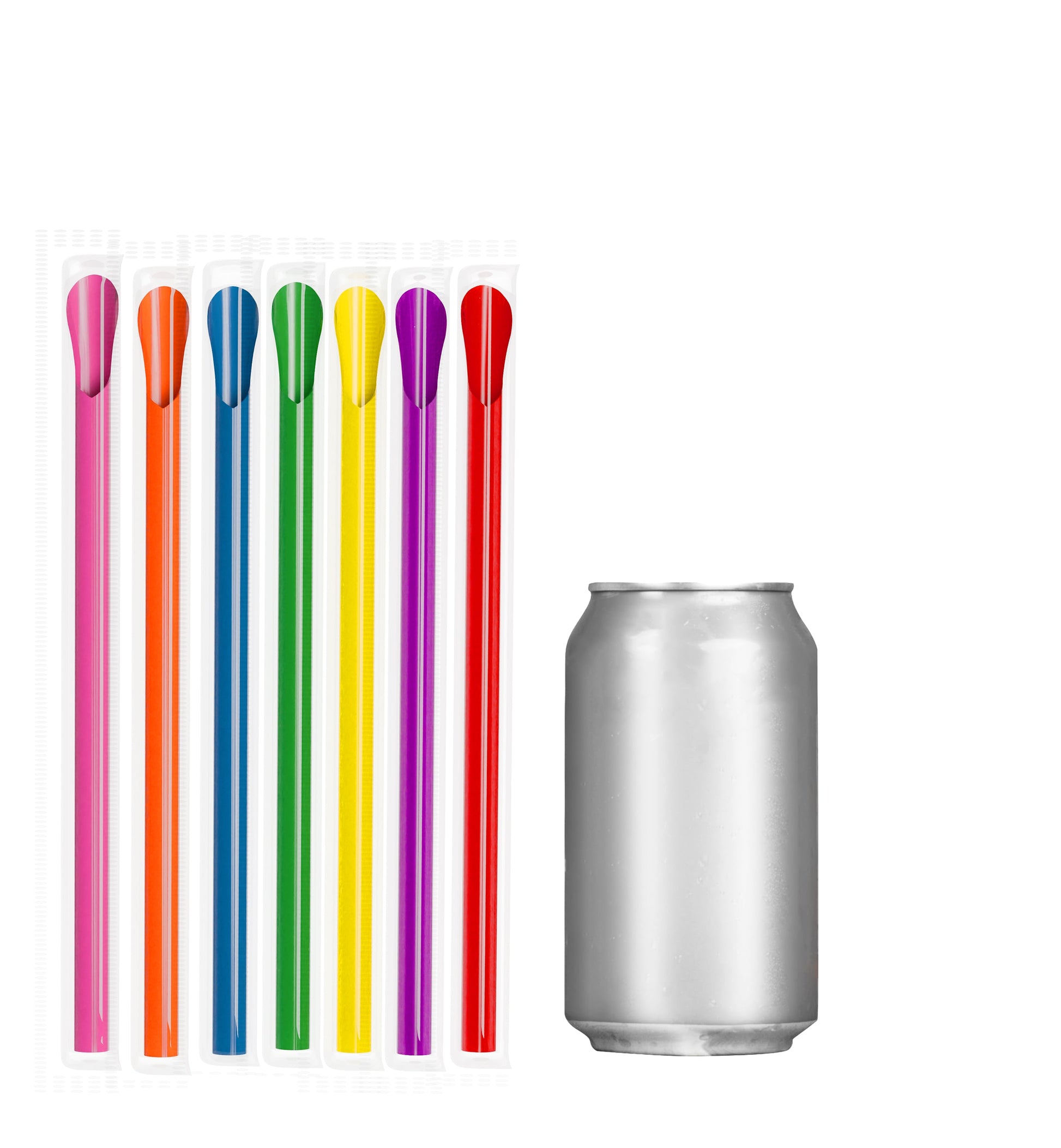 Colorful film wrapped wide diameter spoon straws next to silver beverage can