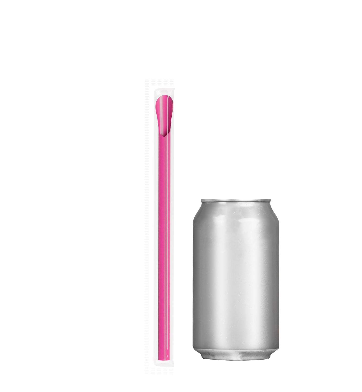 Pink film wrapped wide diameter spoon straw next to silver soda can for size comparison