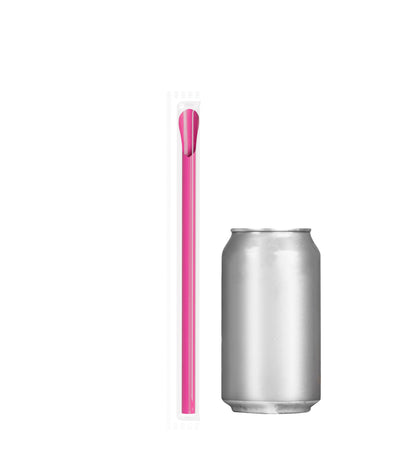 Pink film wrapped wide diameter spoon straw next to silver soda can for size comparison