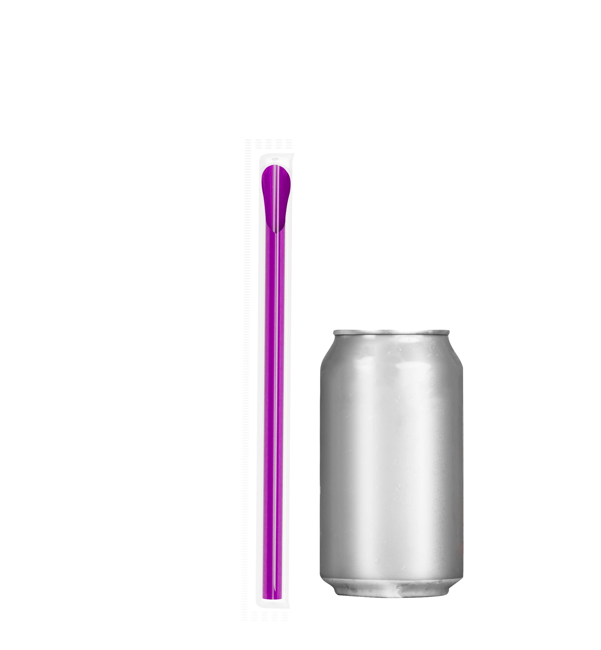 Purple film wrapped wide diameter spoon straw next to silver soda can for size comparison