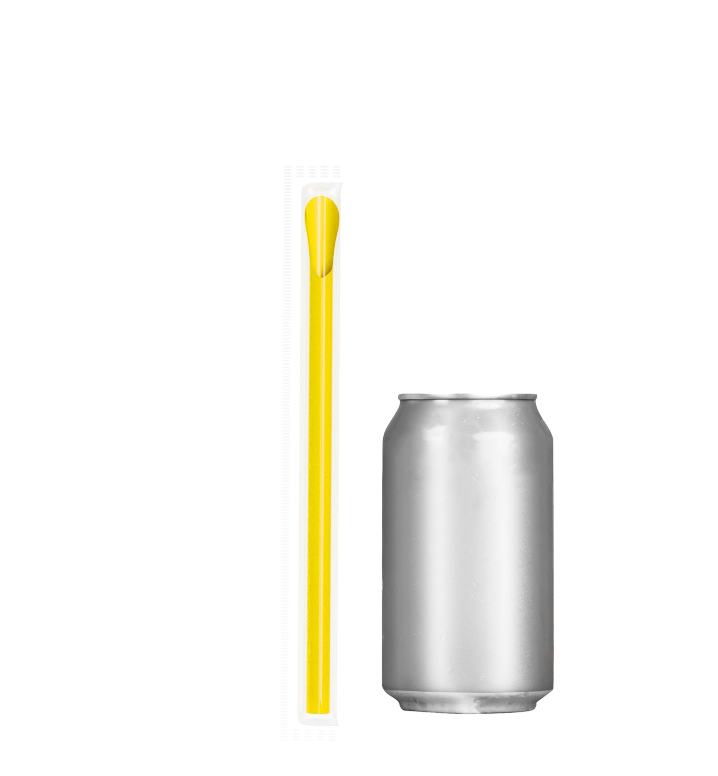 Yellow film wrapped wide diameter spoon straw next to silver soda can for size comparison