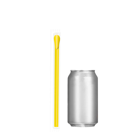 Yellow film wrapped wide diameter spoon straw next to silver soda can for size comparison