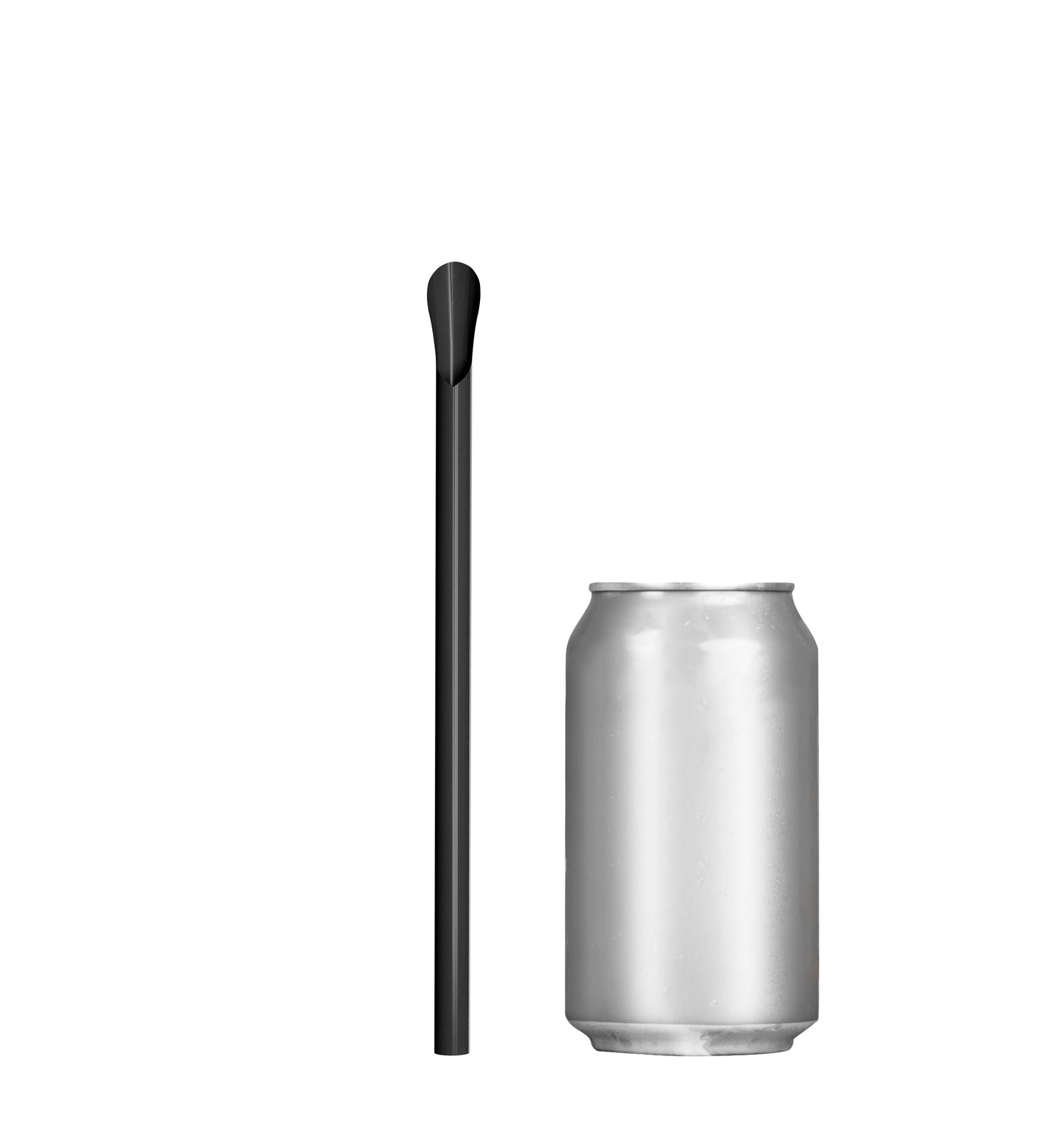 Black unwrapped classic spoon straw next to silver soda can for thick beverages like milkshakes and smoothies