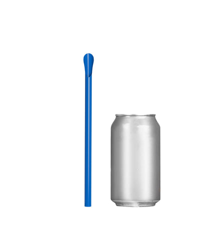 Blue unwrapped classic spoon straw next to a silver soda can for thick beverages like milkshakes and smoothies