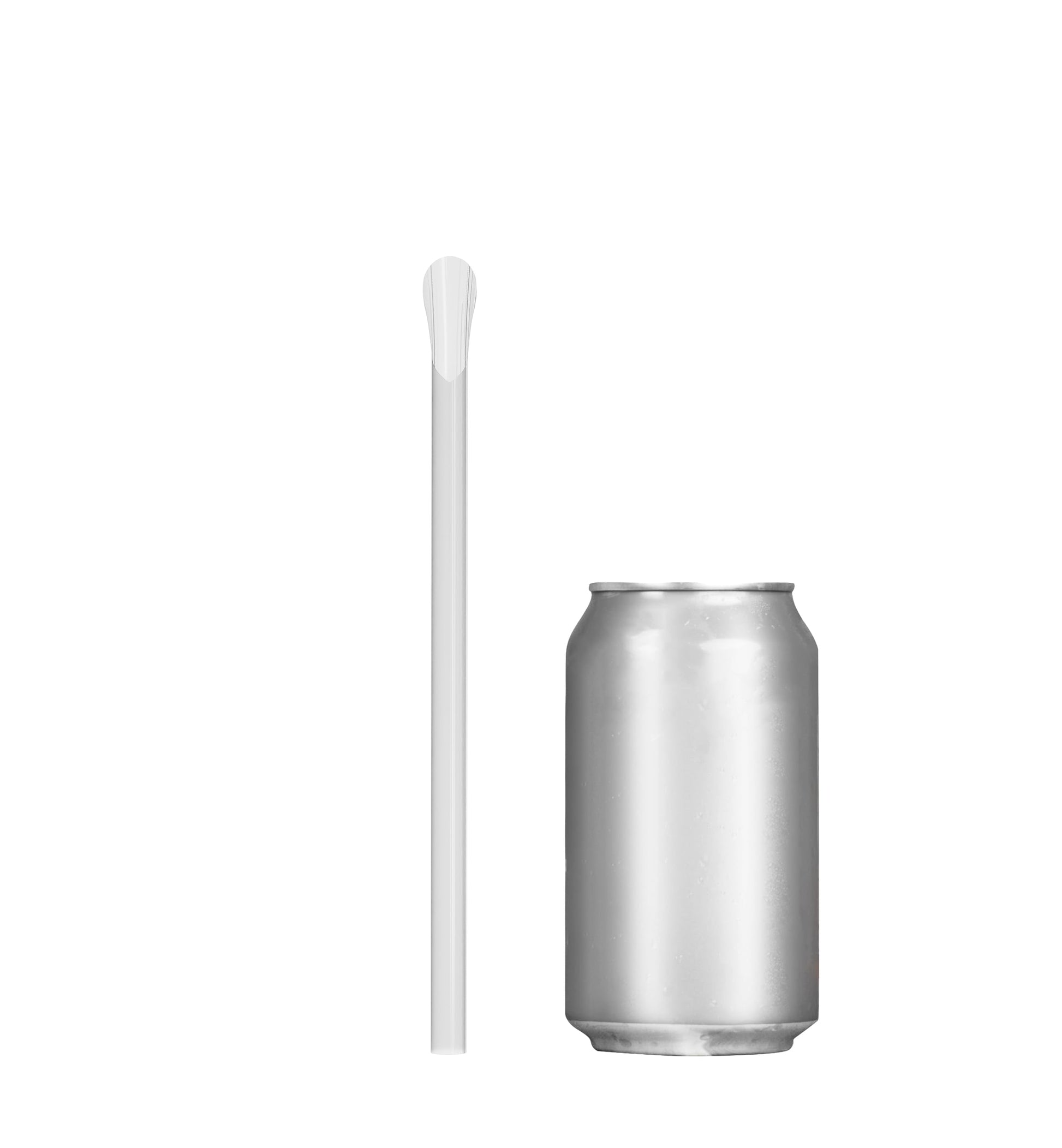 Unwrapped Classic Spoon Straw next to a soda can for size comparison
