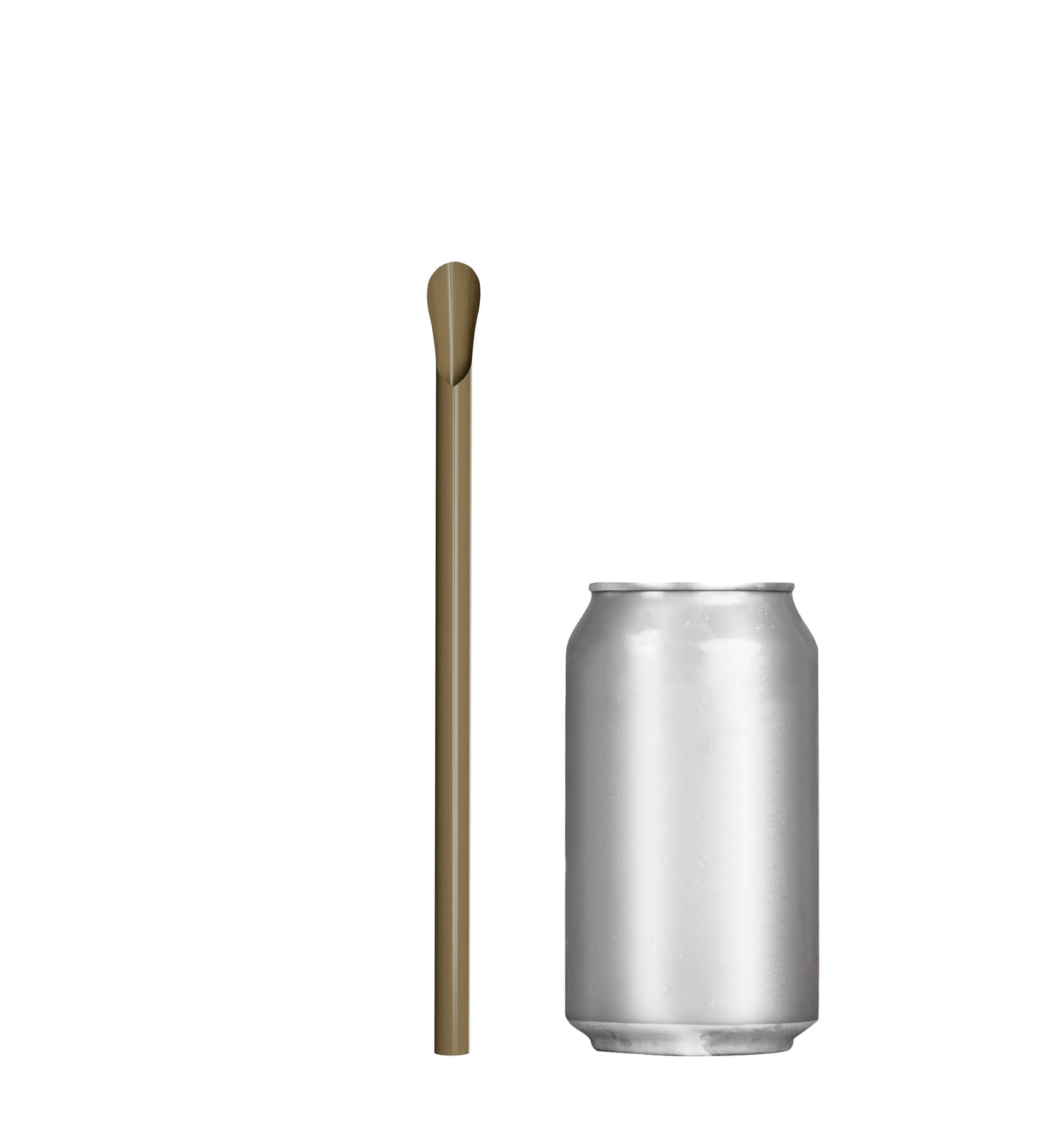 Unwrapped Classic Spoon Straw brown next to standard soda can for size comparison