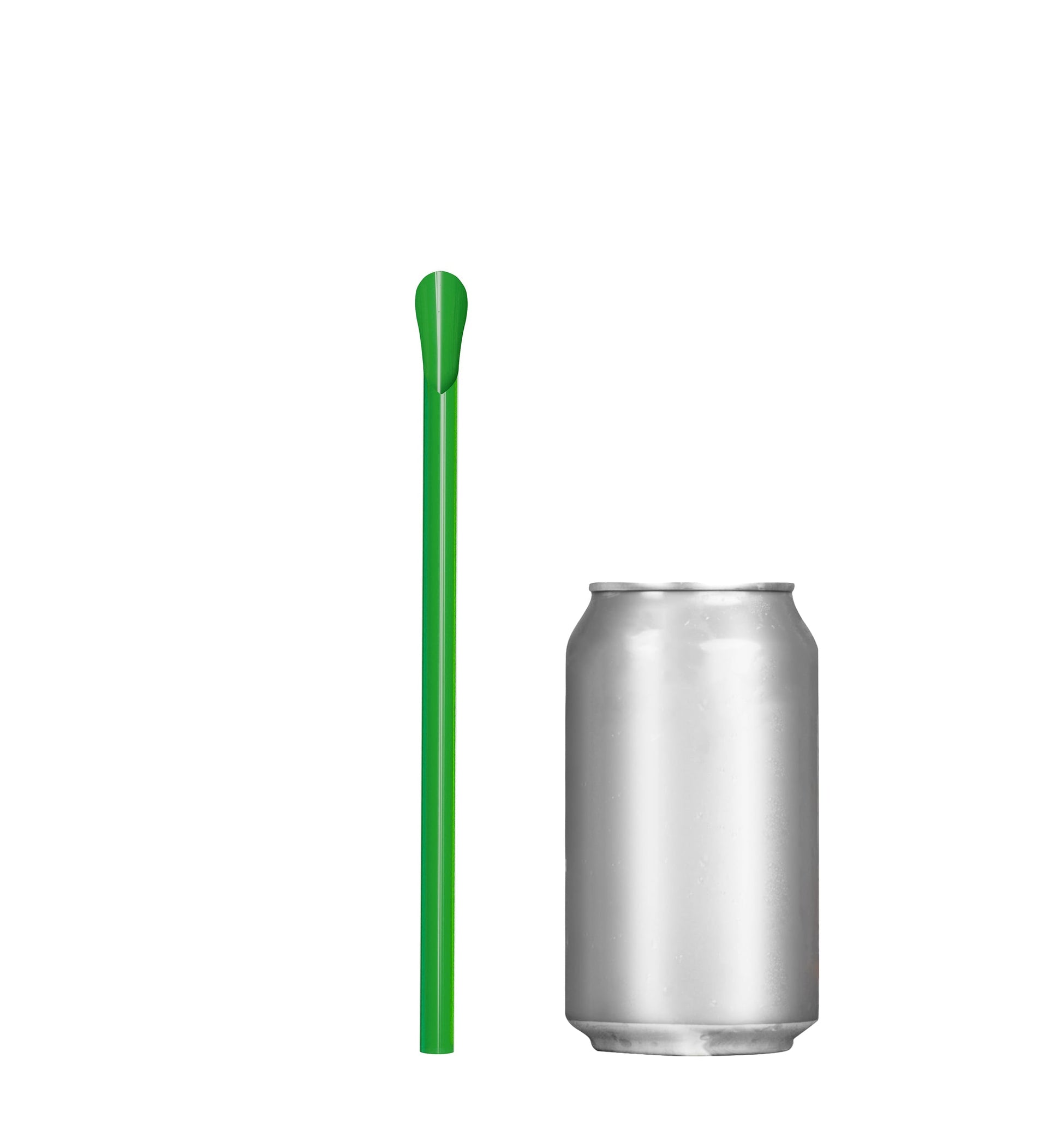 Green unwrapped classic spoon straw next to a silver can for size comparison