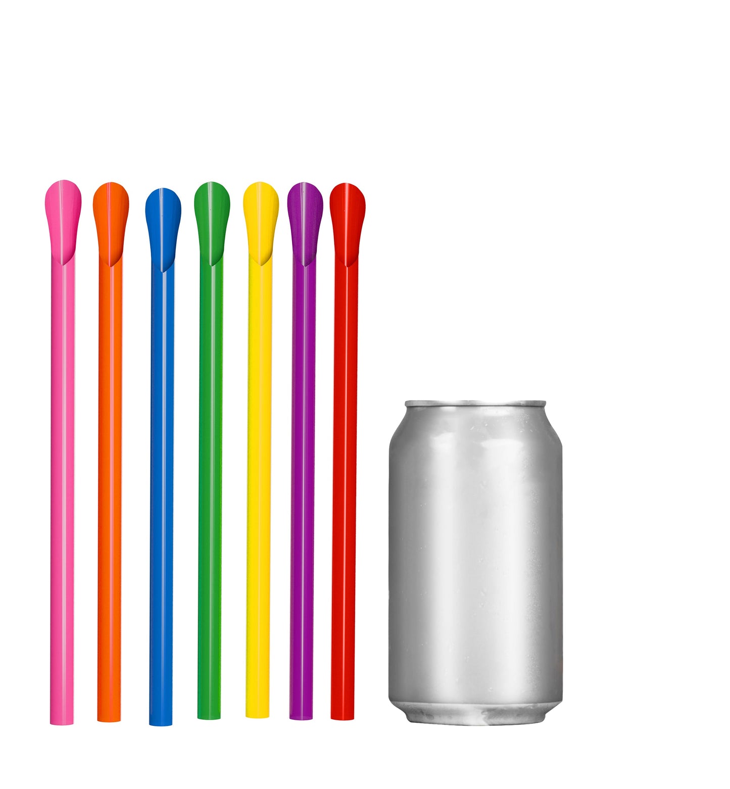 Unwrapped Classic Spoon Straws in multiple colors next to a silver soda can for drinking and scooping thick beverages