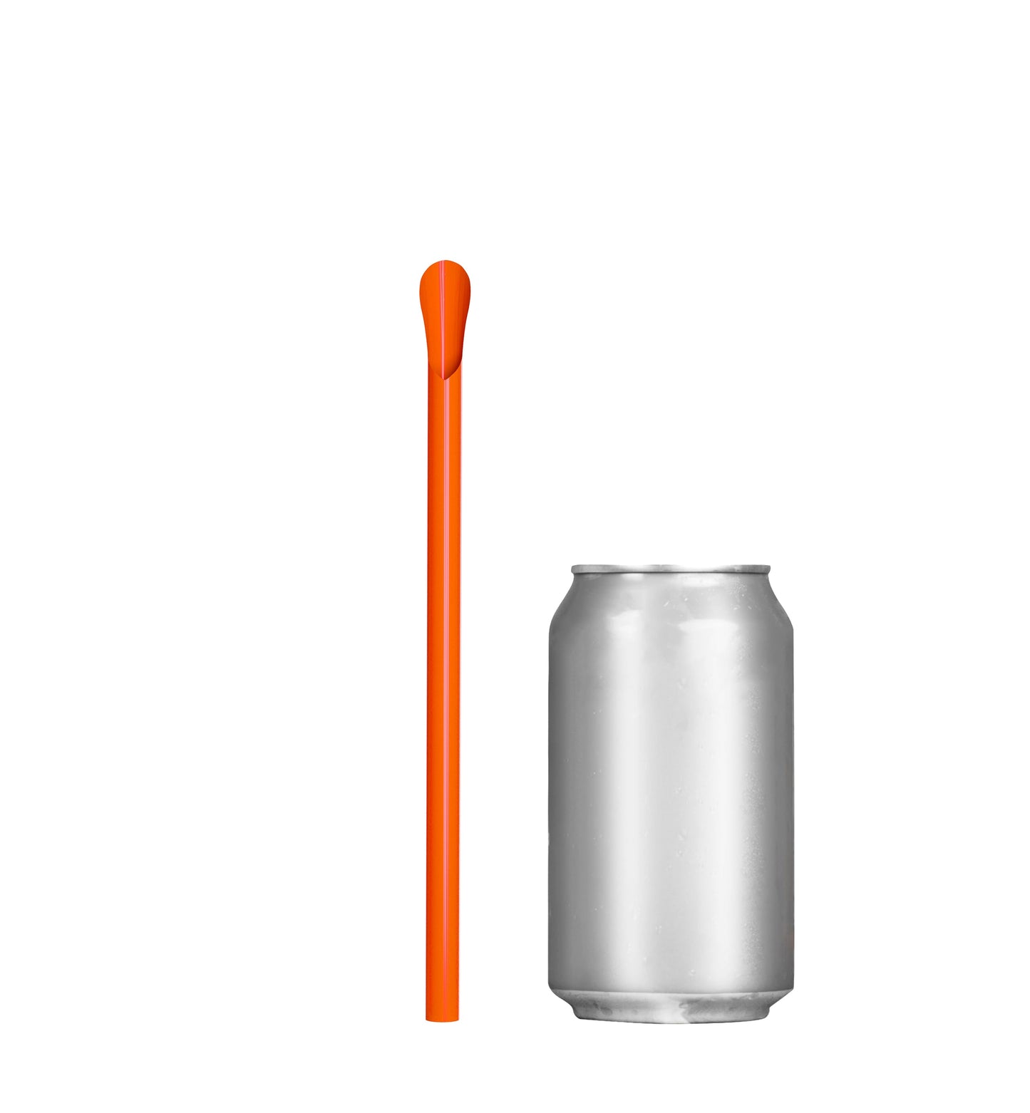 Unwrapped Classic orange spoon straw next to silver soda can for thick drinks like milkshakes and smoothies