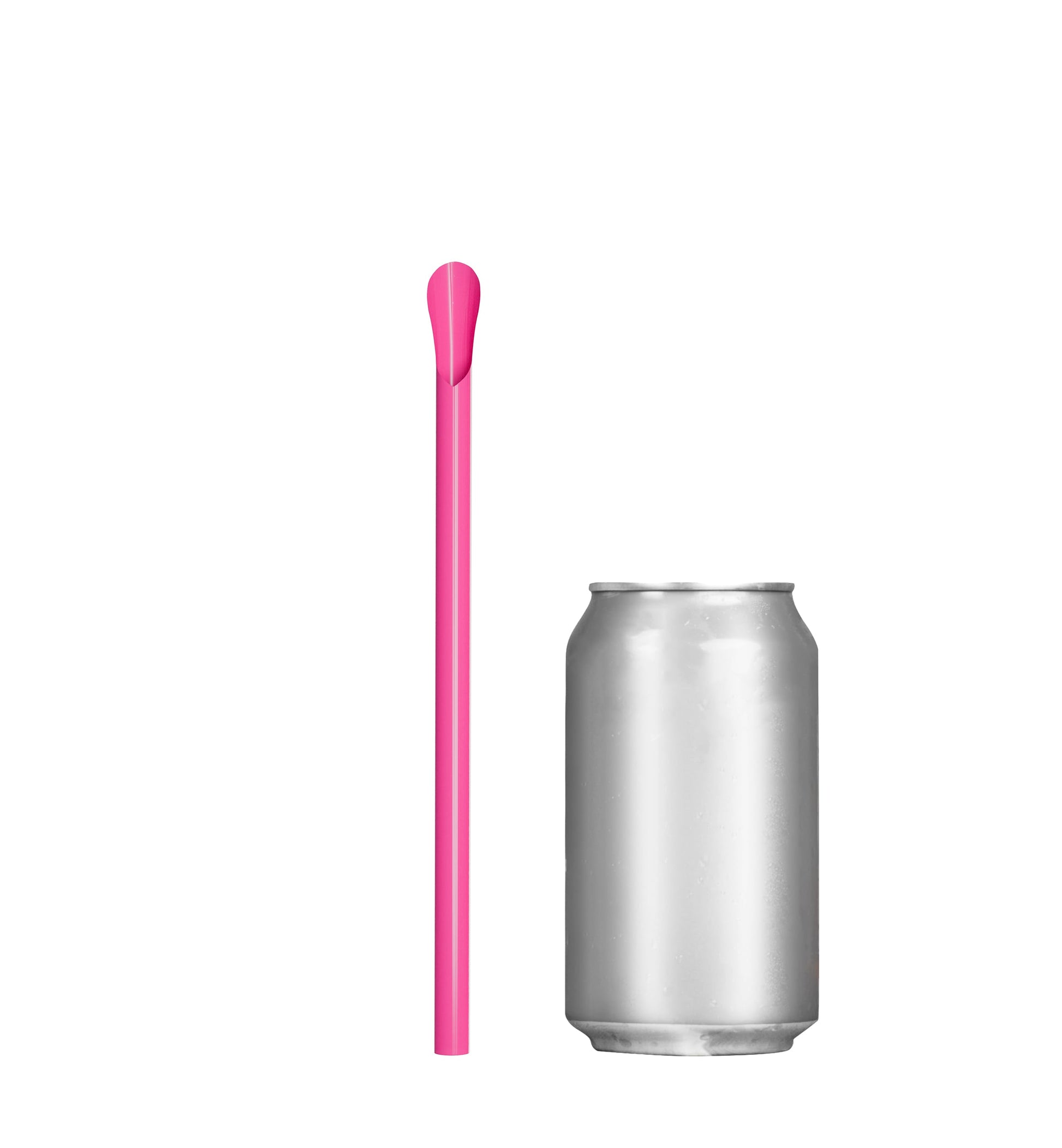 Unwrapped Classic Spoon Straw in pink next to a silver soda can for size comparison