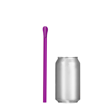 Purple Unwrapped Classic Spoon Straw next to a silver soda can for size comparison
