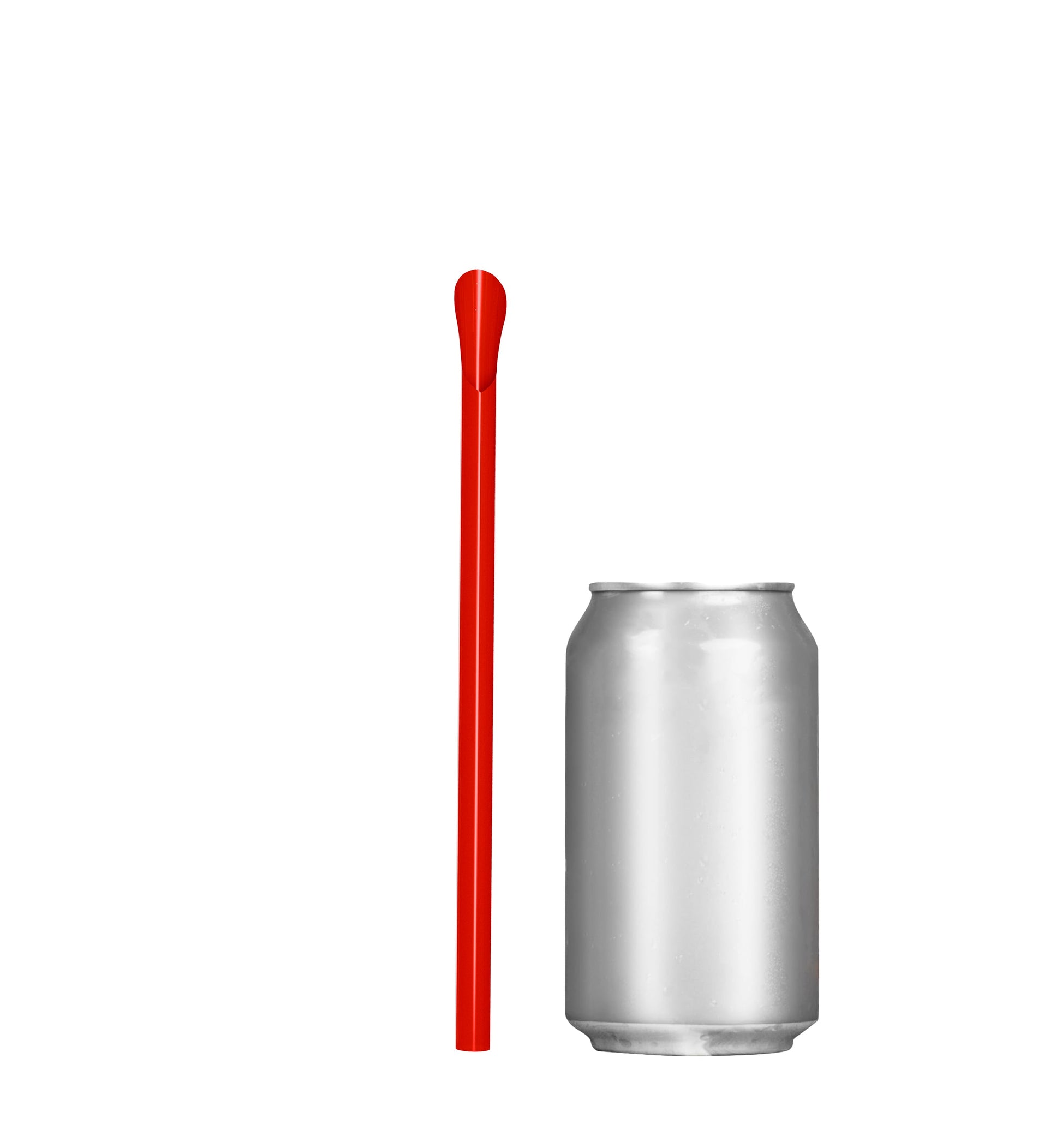 Red unwrapped classic spoon straw next to a silver beverage can