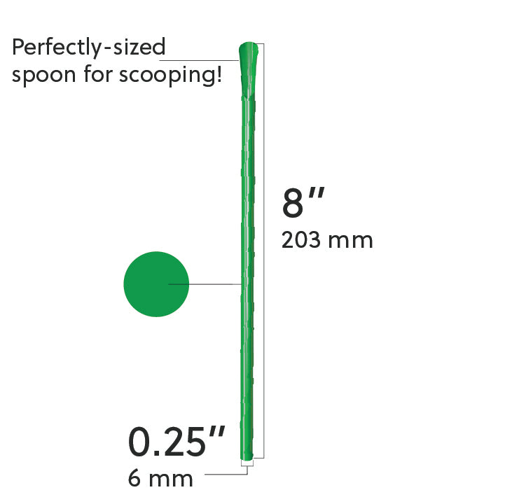 8-inch green classic spoon straw with 0.25-inch diameter for scooping and sipping thick beverages