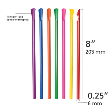 Colorful 8-inch scoop straws with spoon-shaped tips for thick drinks and frozen desserts
