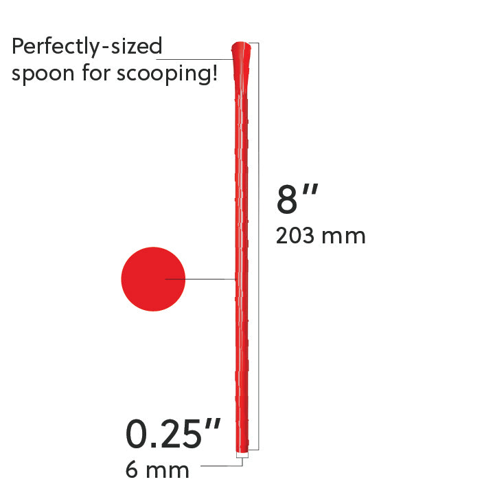 Red Classic Spoon Straw 8 inch with 0.25 inch wide spoon tip for scooping and sipping beverages
