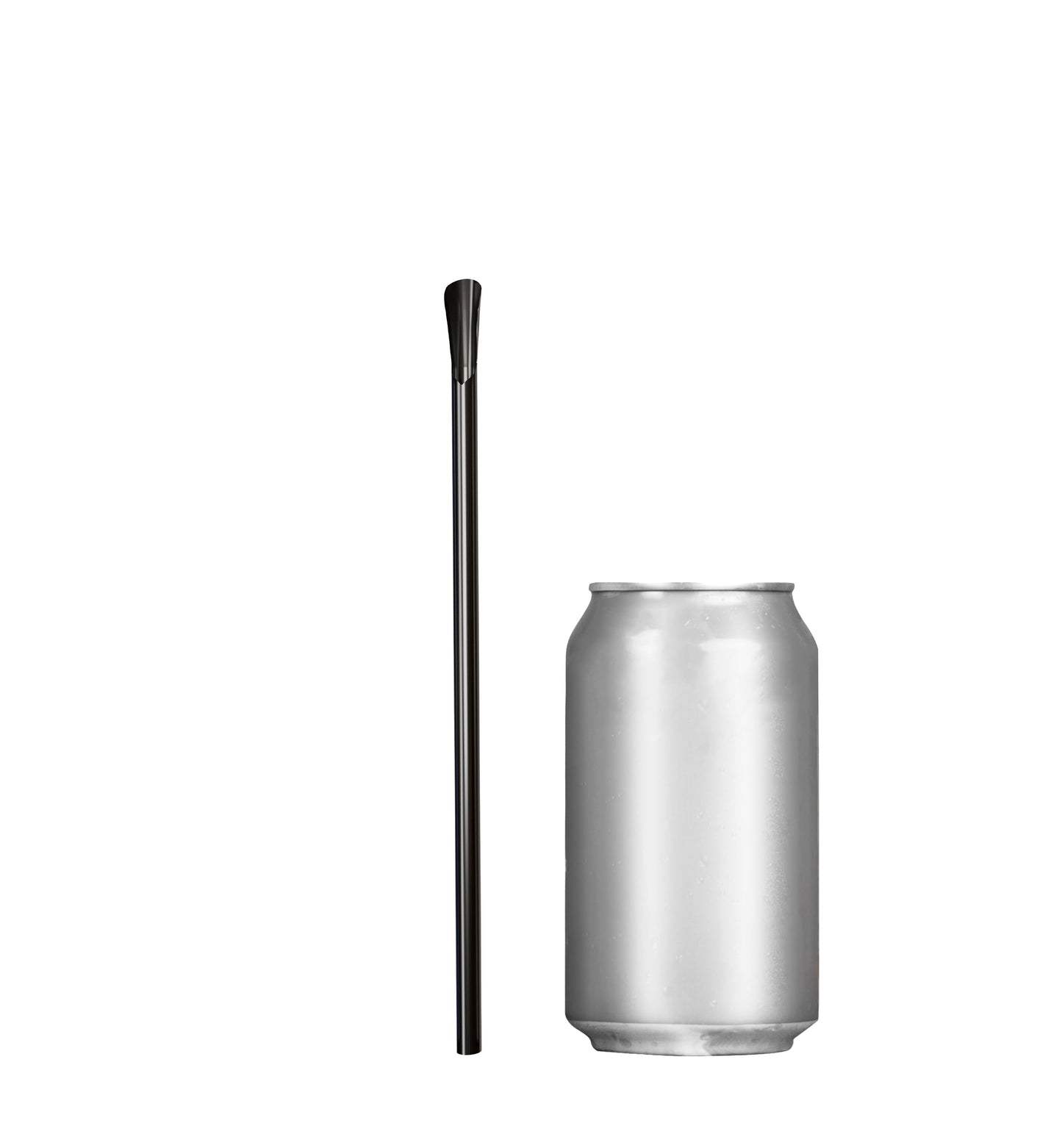 Black 8-inch classic spoon straw next to a silver soda can for size comparison