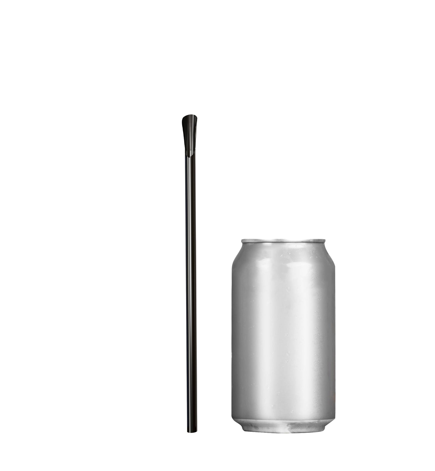 Black 8-inch scoop straw with spoon-shaped tip next to a silver soda can for scale
