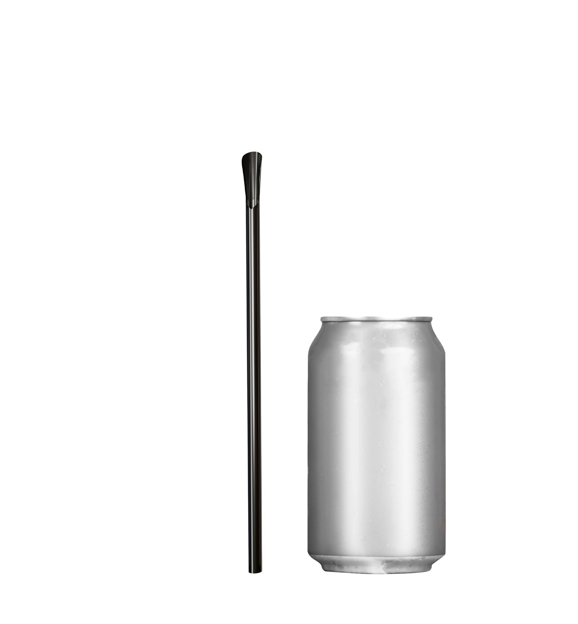 Black 8-inch scoop straw with spoon-shaped tip next to a silver soda can for scale
