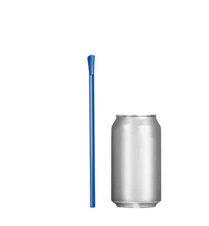 Blue classic spoon straw next to a silver soda can for size comparison