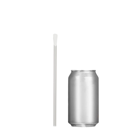 Colorful 8-inch scoop straw with spoon tip next to silver drink can for frozen drinks and desserts