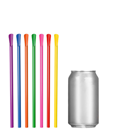 Colorful classic spoon straws next to a silver beverage can