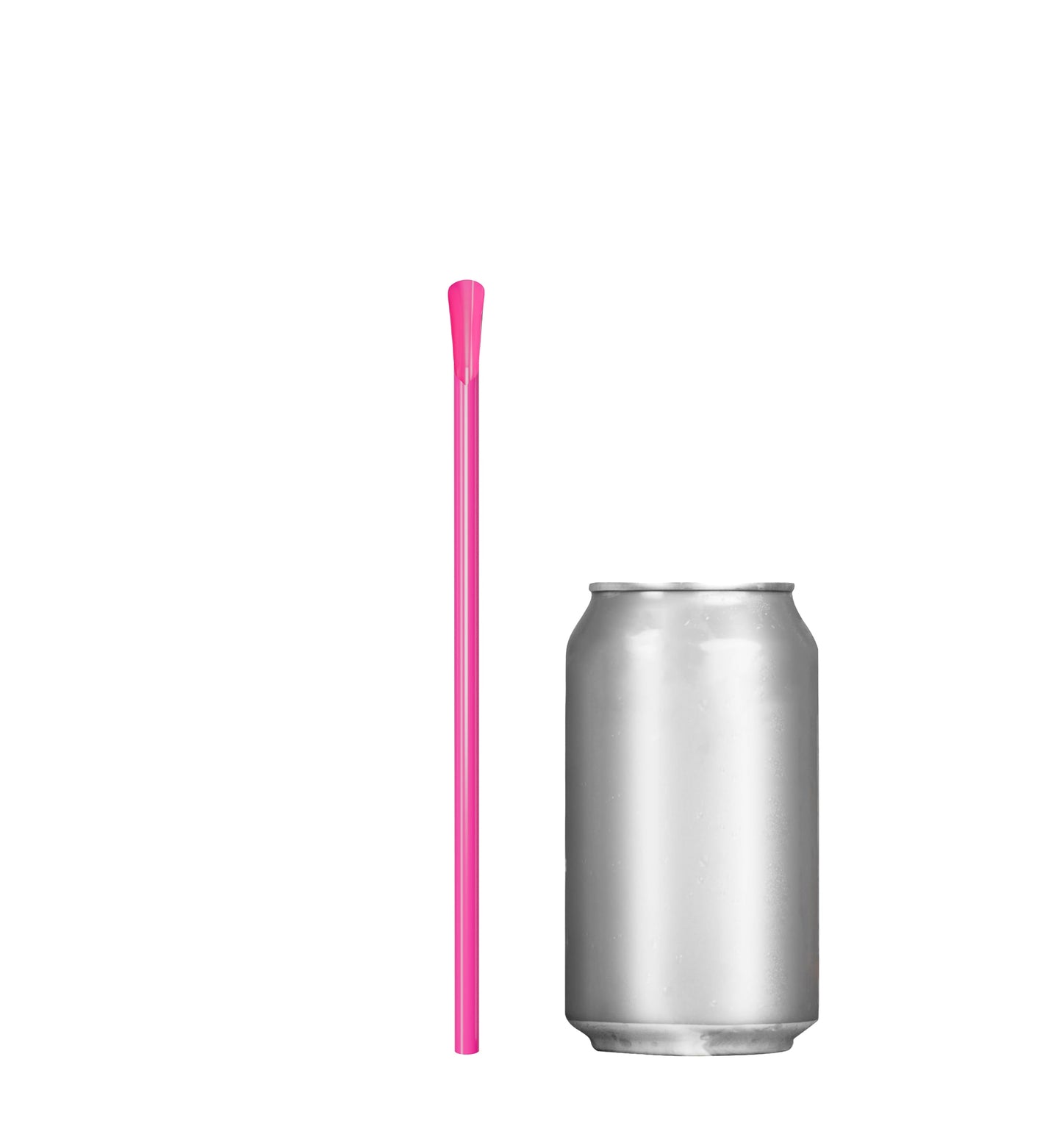 Pink 8-inch scoop straw with spoon tip next to silver soda can for frozen drinks and desserts