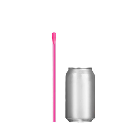 Pink 8-inch scoop straw with spoon tip next to silver soda can for frozen drinks and desserts