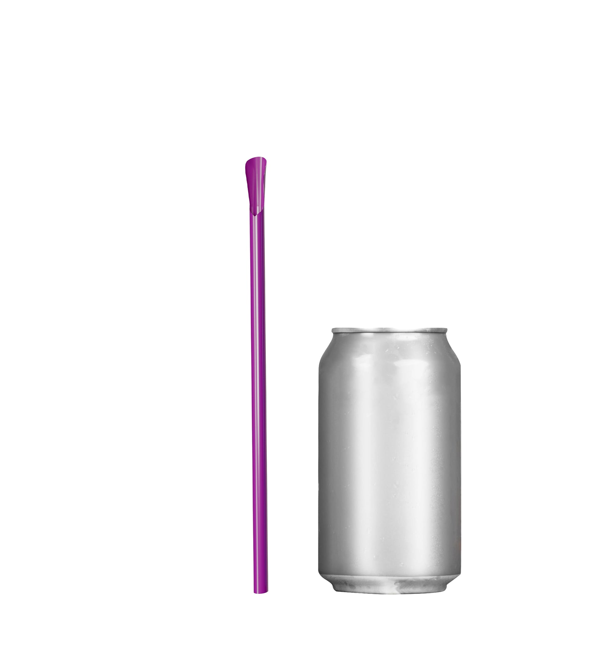 Purple classic spoon straw 8 inches next to a silver soda can for size comparison