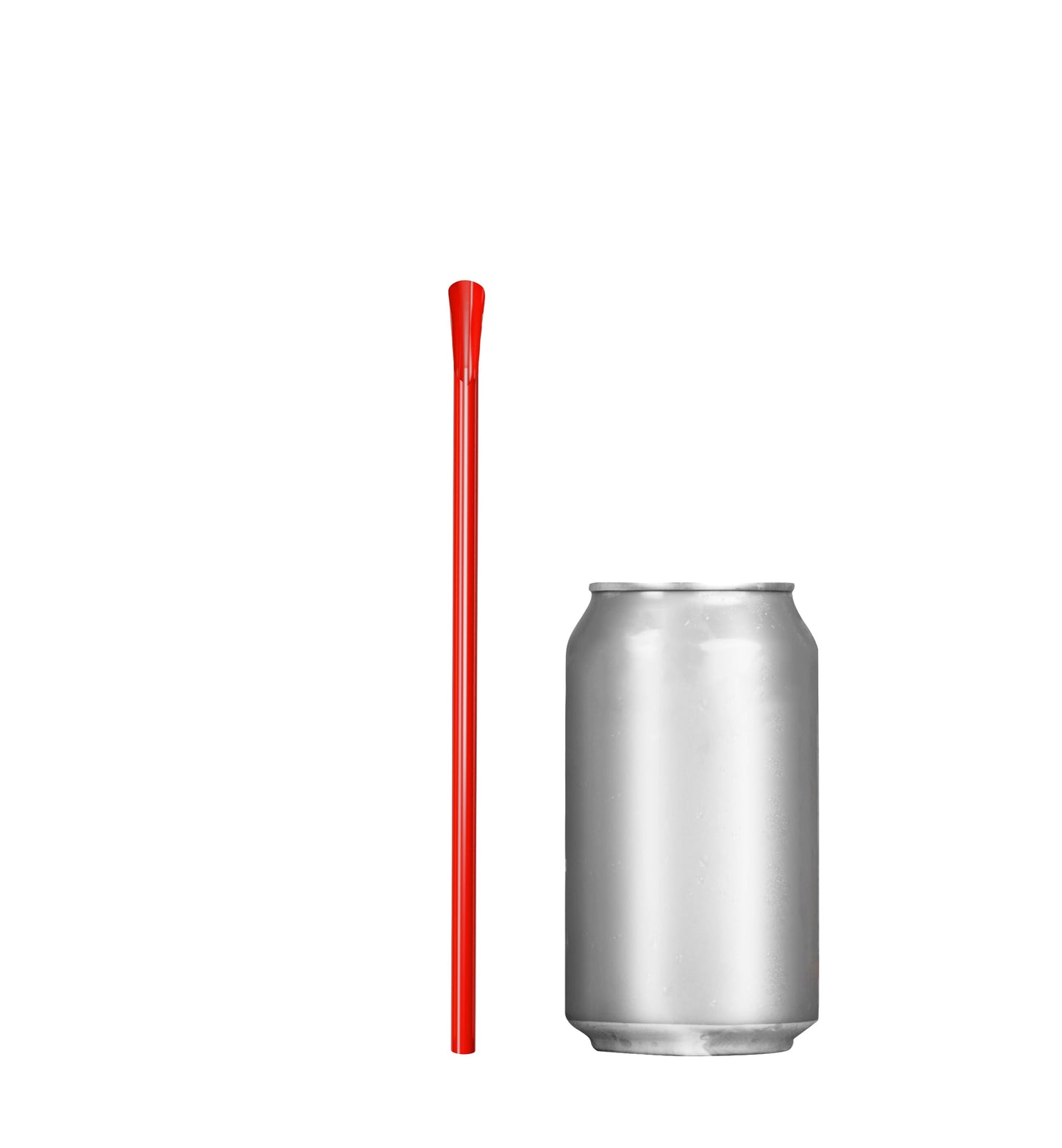 Red classic spoon straw next to a silver soda can for size comparison
