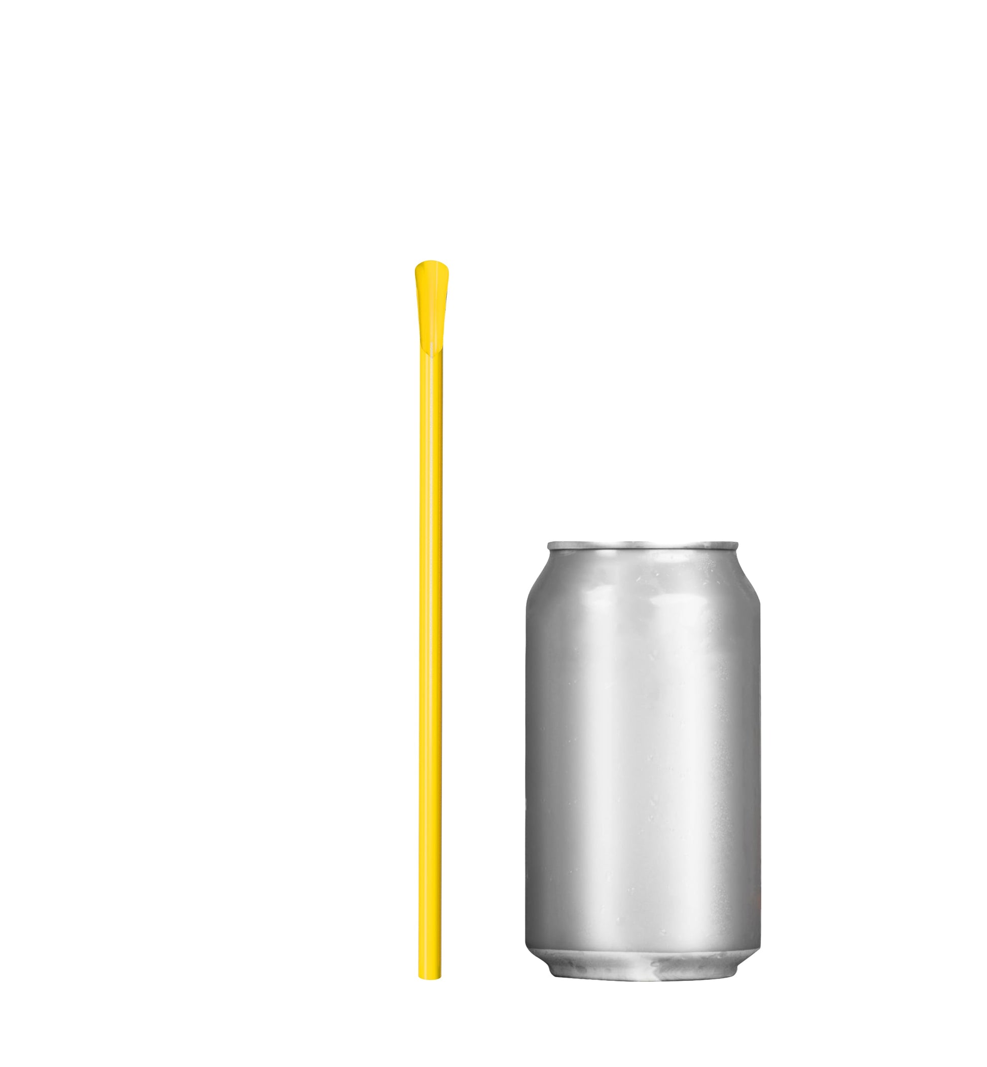 Yellow 8-inch scoop straw with spoon-shaped tip next to silver soda can for frozen drinks and desserts