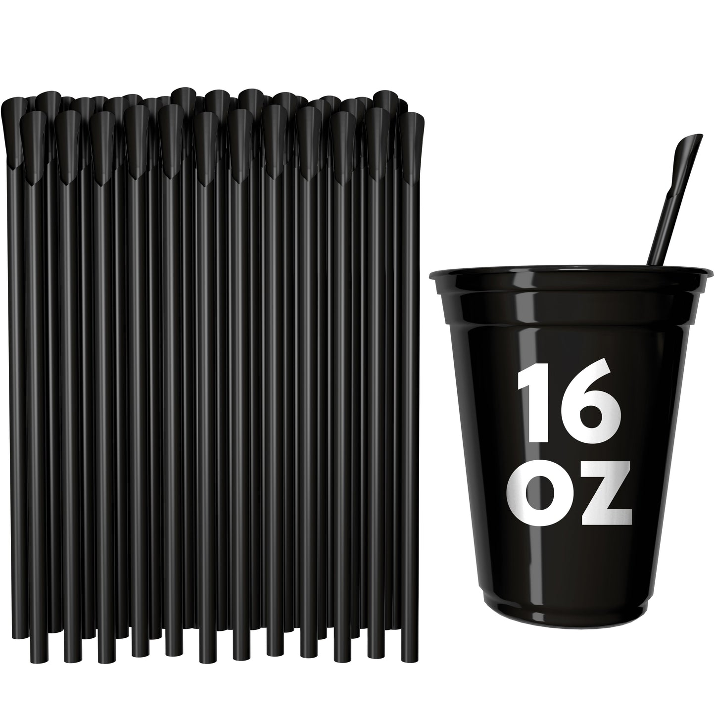 Black classic spoon straws next to a 16 oz black cup designed for milkshakes and smoothies