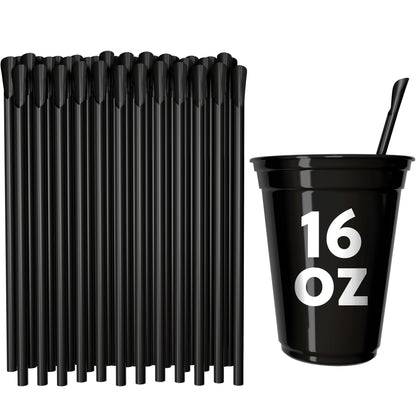 Black classic spoon straws next to a 16 oz black cup designed for milkshakes and smoothies