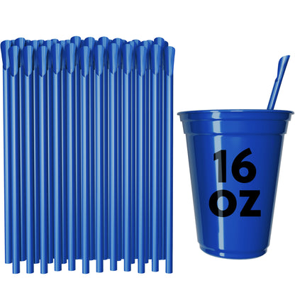 Blue classic spoon straws with a 16 oz cup for milkshakes and smoothies