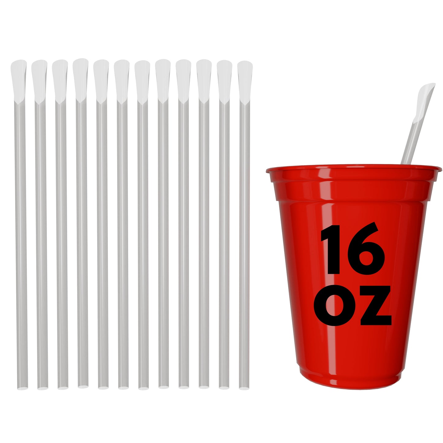 Classic Spoon Straws 8 inch white plastic spoon-tipped straws with red 16 oz cup for smoothies and thick drinks
