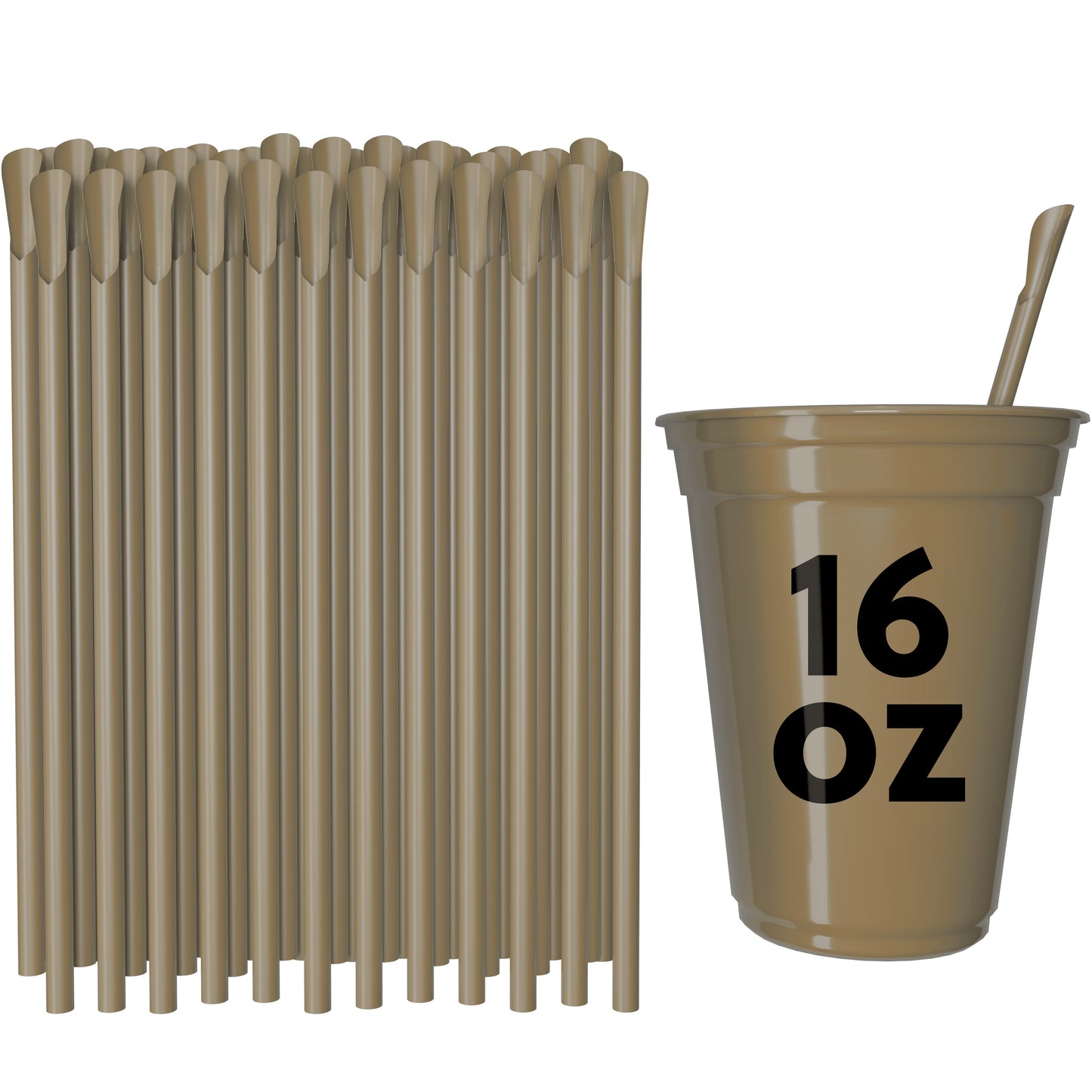 Classic Spoon Straws in tan color with spoon tip and 16 oz cup for smoothies and milkshakes