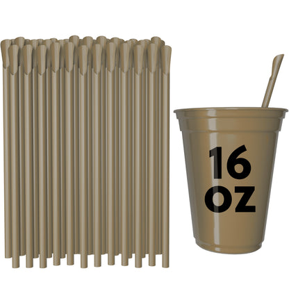 Classic Spoon Straws in tan color with spoon tip and 16 oz cup for smoothies and milkshakes