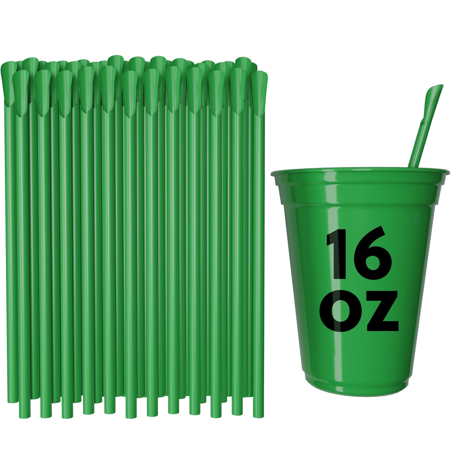 Green classic spoon straws with spoon-shaped tips next to a green 16 oz cup with a straw