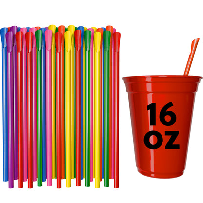 Colorful unwrapped classic spoon straws next to a red 16 oz cup with a straw inserted
