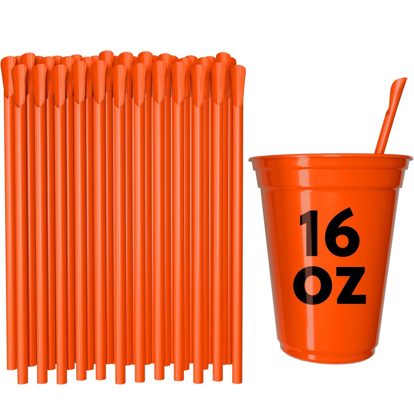 Orange classic spoon straws with wide tip for thick drinks next to orange 16 oz cup