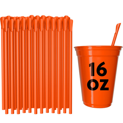 Orange classic spoon straws with wide tip for thick drinks next to orange 16 oz cup